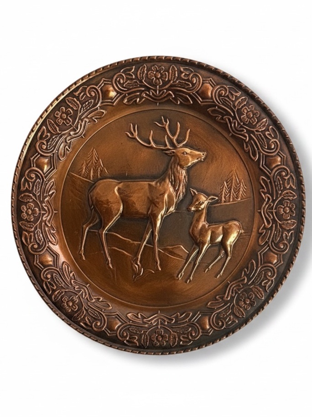 Vintage Embossed Copper Wall Hanging Plate Stag Doe Deer Cabin Lodge Decor 16.5"